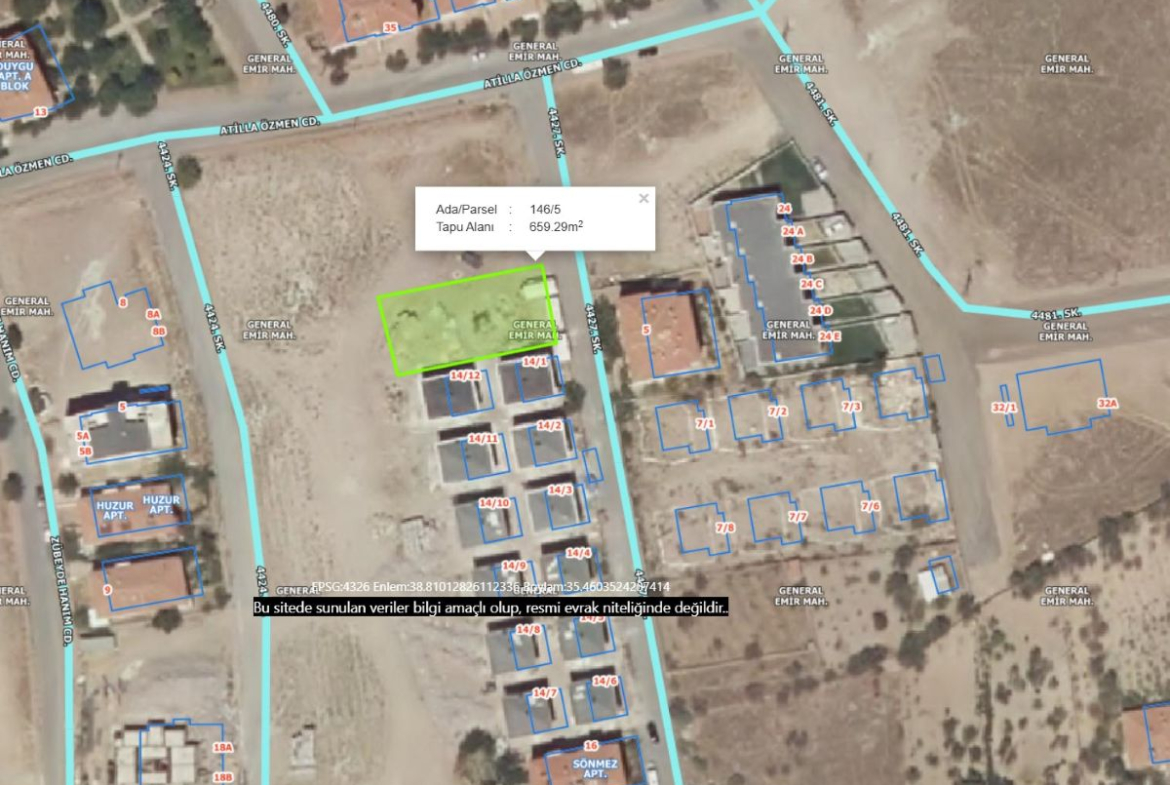 Erkilet General Emir Mah. de Satılık 659 m2 Villa Parseli